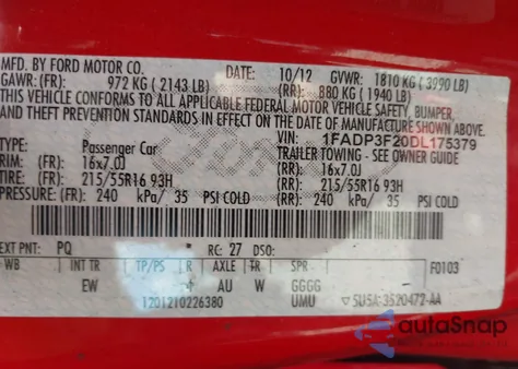 2013 Ford Focus Se z USA, uszkodzony, nr VIN 1FADP3F20DL175379